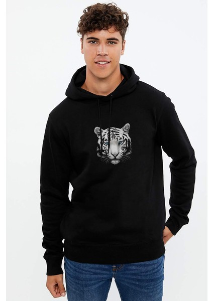 Kaplan Black And White Baskılı Siyah Erkek Örme Kapşonlu Sweatshirt Uzun Kol