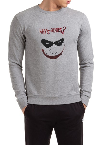 Joker Why So Serıous 4 Baskılı Gri Erkek Örme Sweatshirt Uzun Kol