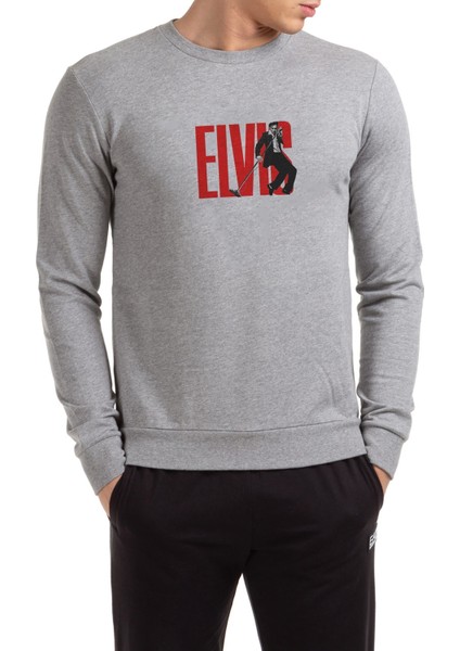 Elvis Presley The Legend Metal Rock Baskılı Gri Erkek Örme Sweatshirt Uzun Kol