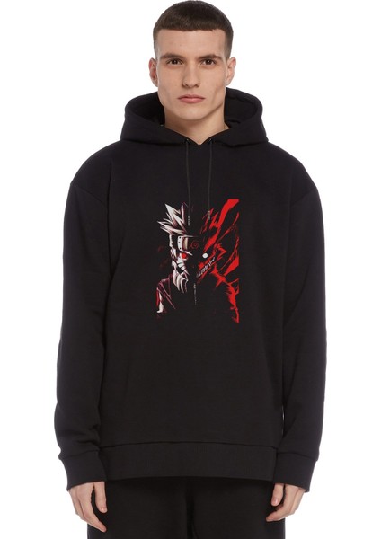 Anime Naruto Red White Baskılı Siyah Erkek Örme Kapşonlu Sweatshirt Uzun Kol
