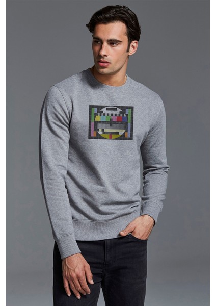 Sinyal Yok Baskılı Gri Erkek Örme Sweatshirt Uzun Kol