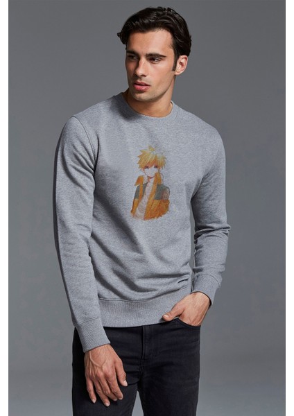 Anime Naruto Baskılı Gri Erkek Örme Sweatshirt Uzun Kol