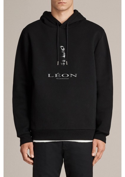 Leon Erık Martın Wıllen Leon The Baskılı Siyah Erkek Örme Kapşonlu Sweatshirt Uzun Kol