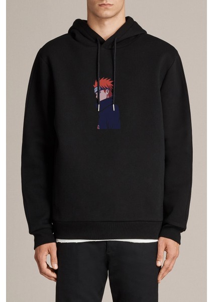 Anime Naruto Pain Baskılı Siyah Erkek Örme Kapşonlu Sweatshirt Uzun Kol
