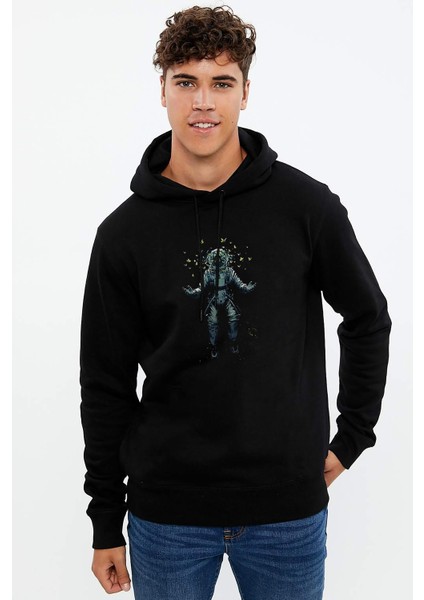 Nasa Astronaut Baskılı Siyah Erkek Örme Kapşonlu Sweatshirt Uzun Kol