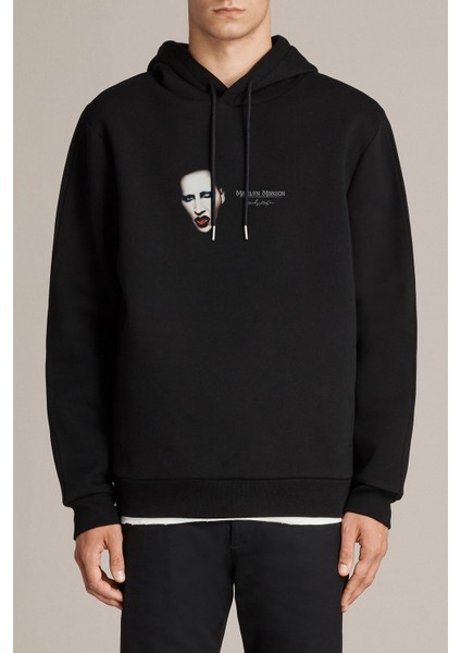 Marilyn Manson Metal Rock Music Müzik Baskılı Siyah Erkek Örme Kapşonlu Sweatshirt Uzun Kol