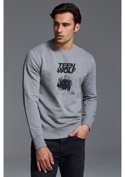Teen Wolf Android Baskılı Gri Erkek Örme Sweatshirt Uzun Kol