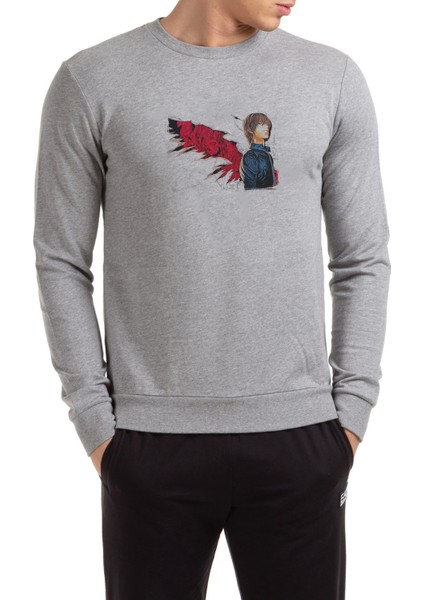 Death Logo Note Light Yagami Baskılı Gri Erkek Örme Sweatshirt Uzun Kol