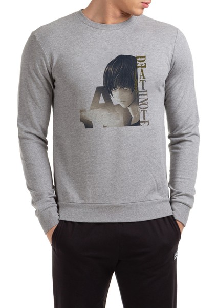 Anime Death Note Baskılı Gri Erkek Örme Sweatshirt Uzun Kol