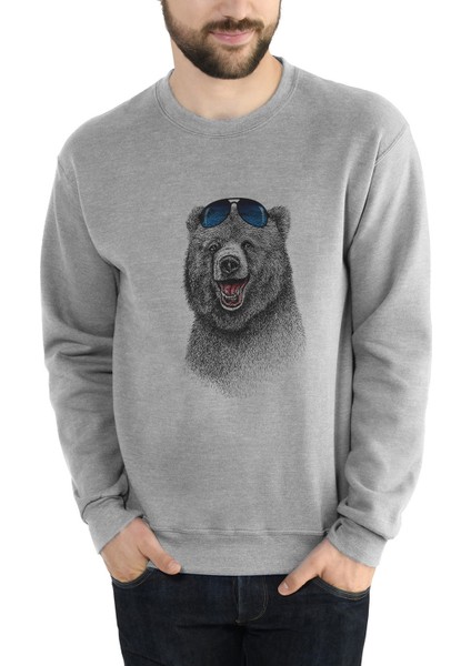 Ayı Kutup Ayısı Boz Ayı Bear Baskılı Gri Erkek Örme Sweatshirt Uzun Kol