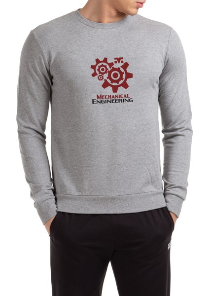 Mechanical Engineering Logo Baskılı Gri Erkek Örme Sweatshirt Uzun Kol
