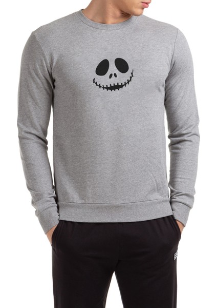 Halloween Face Baskılı Gri Erkek Örme Sweatshirt Uzun Kol