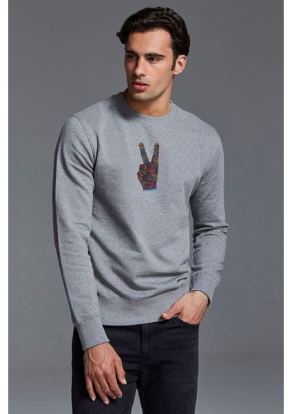 Savaş Değil Barış Işareti Seviyorum 1960'LARDA Baskılı Gri Erkek Örme Sweatshirt Uzun Kol