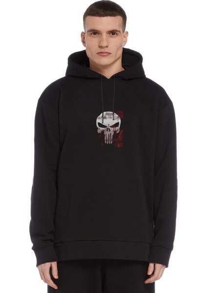 Dead Skull Baskılı Siyah Erkek Örme Kapşonlu Sweatshirt Uzun Kol