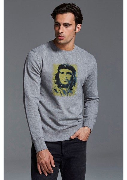 Che Guevara Revolutionary Ernesto Baskılı Gri Erkek Örme Sweatshirt Uzun Kol