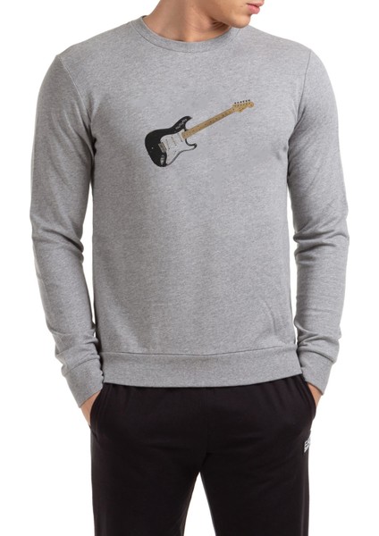Stratocaster Howard Reed Black Gitar Music Baskılı Gri Erkek Örme Sweatshirt Uzun Kol