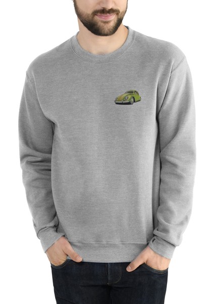 Yeşil Vosvos Tosbağa Göğüs Baskılı Gri Erkek Örme Sweatshirt Uzun Kol