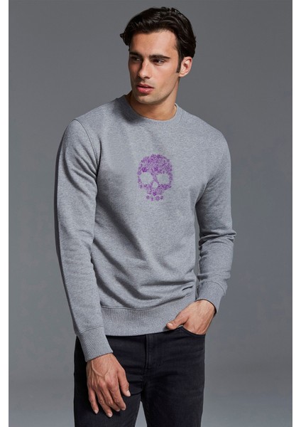 Skull Kurukafa Baskılı Gri Erkek Örme Sweatshirt Uzun Kol