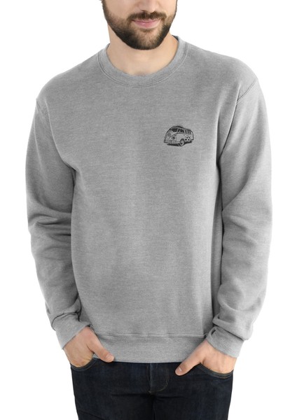 Van Klasik Volkswagen Transporter Şablon Van Baskılı Gri Erkek Örme Sweatshirt Uzun Kol