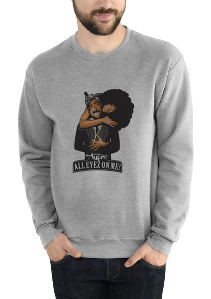 Rap Hiphop 2pac All Eyez On Baskılı Gri Erkek Örme Sweatshirt Uzun Kol