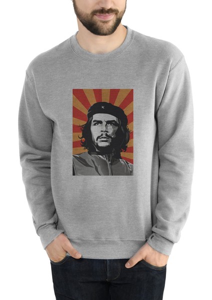 Che Guevara Red Yellow Baskılı Gri Erkek Örme Sweatshirt Uzun Kol