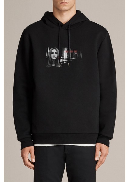 Lana Del Rey Baskılı Siyah Erkek Örme Kapşonlu Sweatshirt Uzun Kol