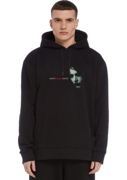 Marilyn Manson Metal Rock Music Müzik Baskılı Siyah Erkek Örme Kapşonlu Sweatshirt Uzun Kol