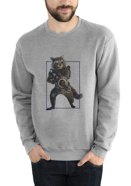 Roket Rakun Galaxy Baskılı Gri Erkek Örme Sweatshirt Uzun Kol