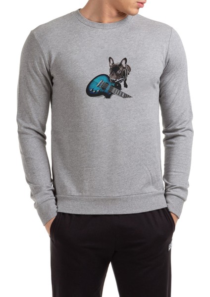 French Bull Dog Guitar Amplifier Baskılı Gri Erkek Örme Sweatshirt Uzun Kol