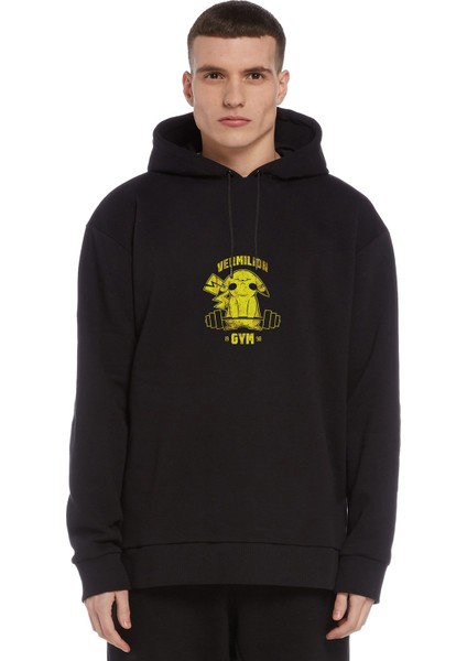 Pokemon Pikachu Gym Baskılı Siyah Erkek Örme Kapşonlu Sweatshirt Uzun Kol