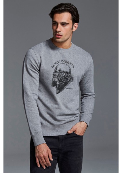 Black Sabbath Metal Baskılı Gri Erkek Örme Sweatshirt Uzun Kol