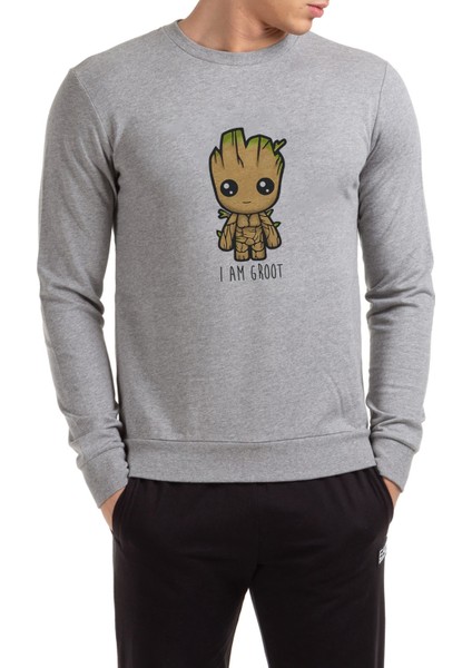 I Am Groot Baskılı Gri Erkek Örme Sweatshirt Uzun Kol