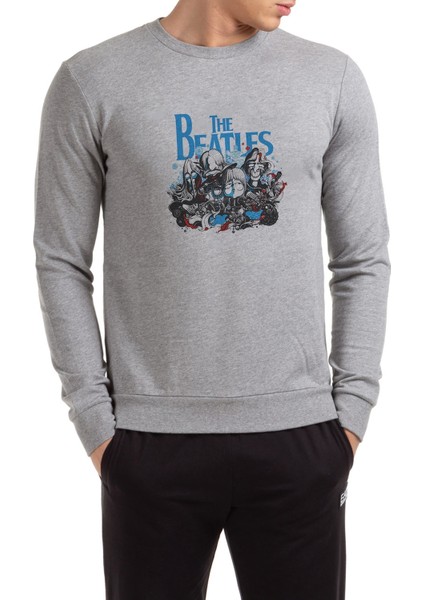 The Beatles Baskılı Gri Erkek Örme Sweatshirt Uzun Kol