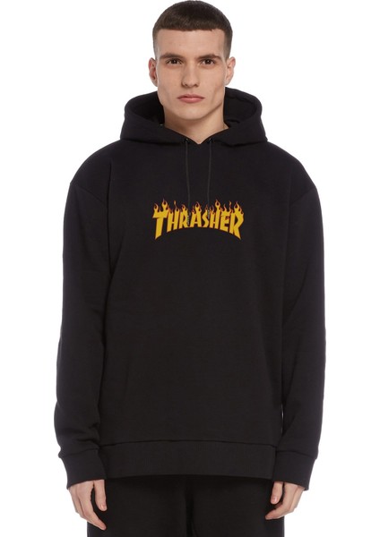 Thrasher Magazine Baskılı Siyah Erkek Örme Kapşonlu Sweatshirt Uzun Kol