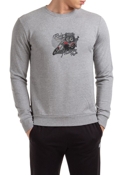 Route 66 Motosiklet Bisiklet Baskılı Gri Erkek Örme Sweatshirt Uzun Kol