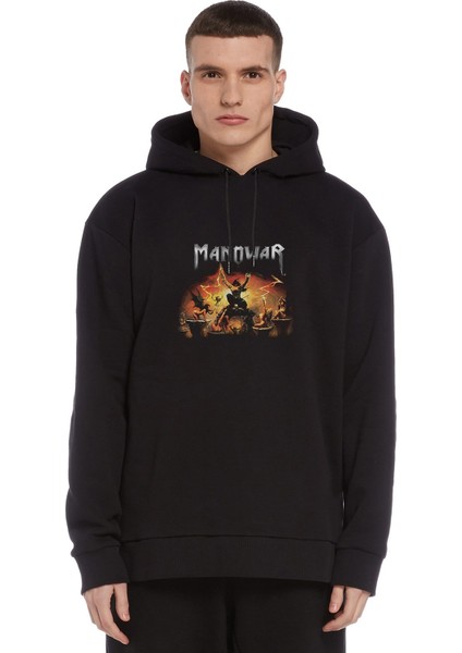 Manowar TheLord Of Steel 2 Baskılı Siyah Erkek Örme Kapşonlu Sweatshirt Uzun Kol