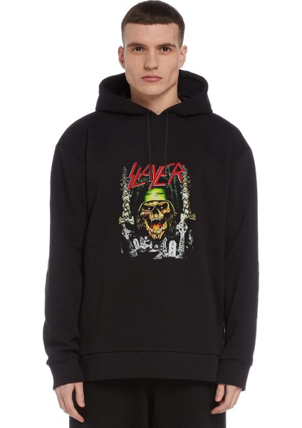Slayer Death Metal Heavy Thrash Dark Baskılı Siyah Erkek Örme Kapşonlu Sweatshirt Uzun Kol