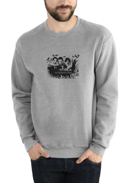 Supernatural Metal Rock Music Müzik Baskılı Gri Erkek Örme Sweatshirt Uzun Kol