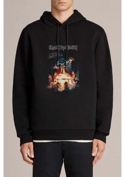 Maıden Eddıe Boot Camp Baskılı Siyah Erkek Örme Kapşonlu Sweatshirt Uzun Kol