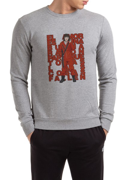 La Case De Papel El Amor Baskılı Gri Erkek Örme Sweatshirt Uzun Kol