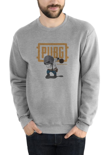 Pubg Pan Baskılı Gri Erkek Örme Sweatshirt Uzun Kol