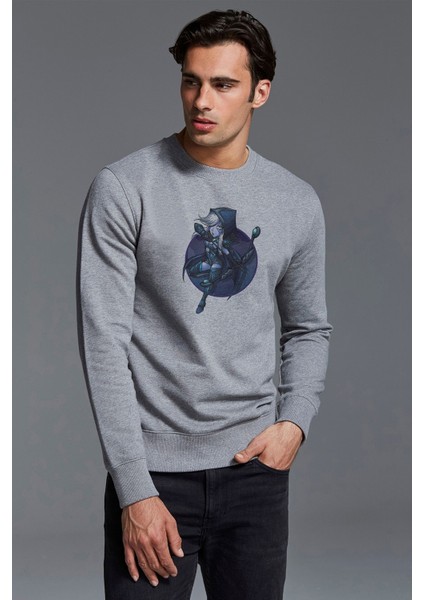 Drow Ranger Baskılı Gri Erkek Örme Sweatshirt Uzun Kol