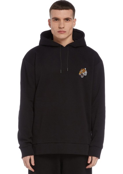 OLED Tiger Baskılı Siyah Erkek Örme Kapşonlu Sweatshirt Uzun Kol