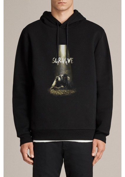 The Walking Dead Collection Baskılı Siyah Erkek Örme Kapşonlu Sweatshirt Uzun Kol