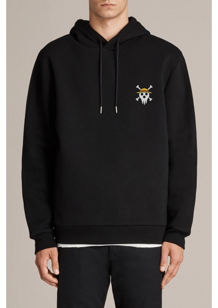 One Piece Anime Baskılı Siyah Erkek Örme Kapşonlu Sweatshirt Uzun Kol