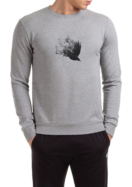 Blackbird Black Bird After Dark Baskılı Gri Erkek Örme Sweatshirt Uzun Kol