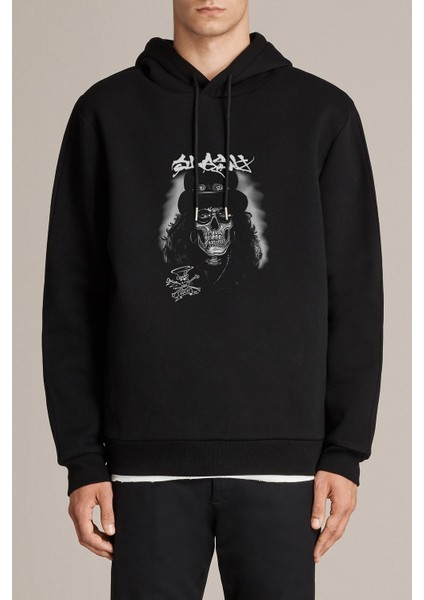 Slash Skull Metal Rock Baskılı Siyah Erkek Örme Kapşonlu Sweatshirt Uzun Kol