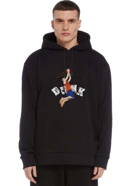 Basketball Slam Dunk Basketball Slam Dunk Baskılı Siyah Erkek Örme Kapşonlu Sweatshirt Uzun Kol