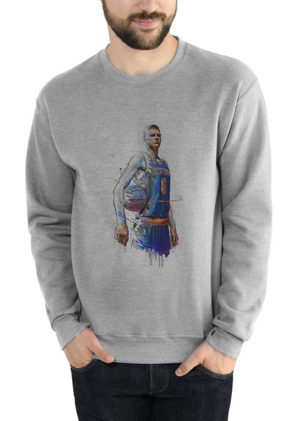 New Basketbol Sporcu Baskılı Gri Erkek Örme Sweatshirt Uzun Kol