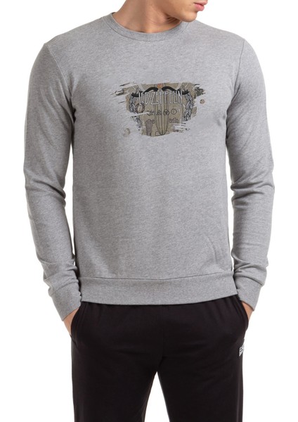 LED Zeppelin Baskılı Gri Erkek Örme Sweatshirt Uzun Kol